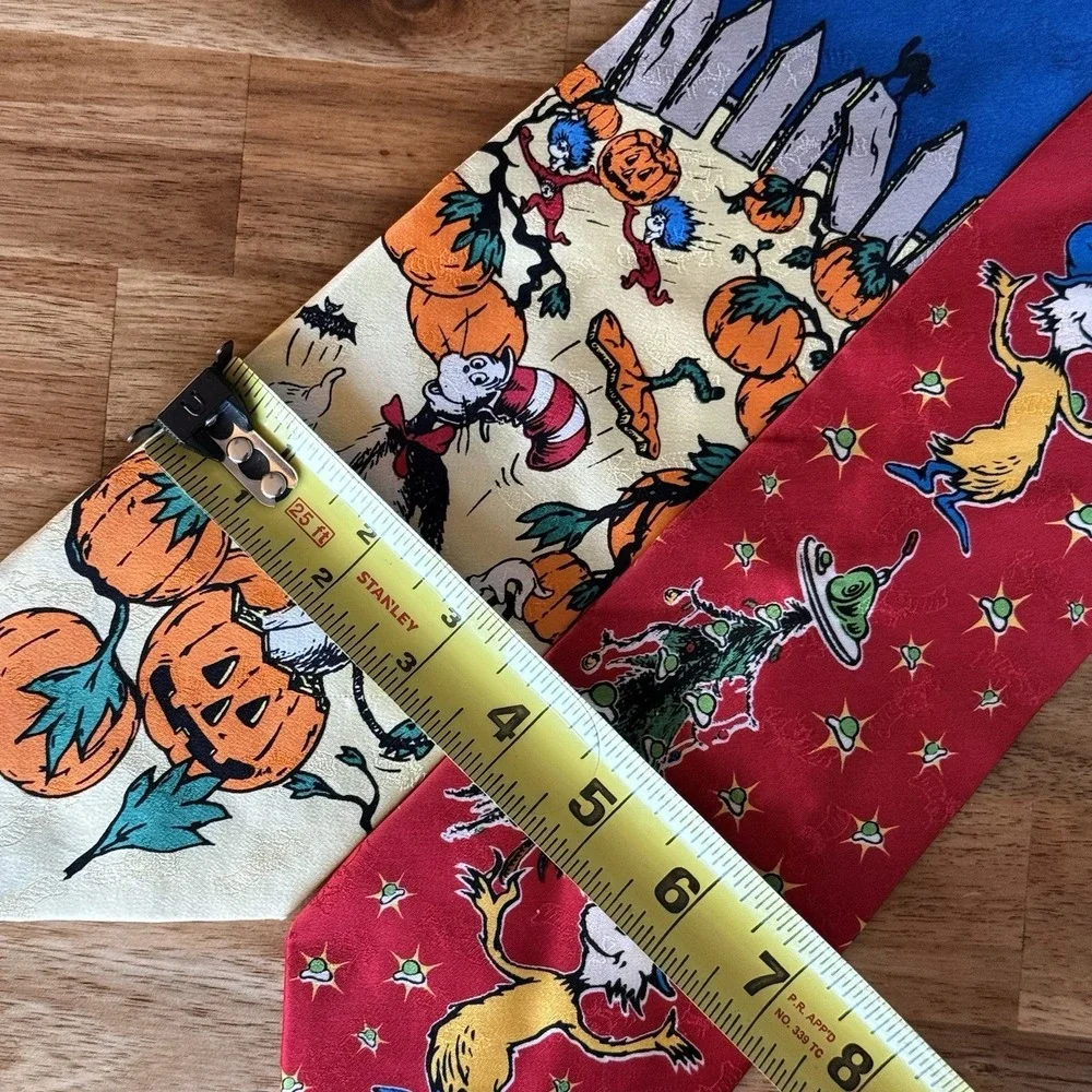 VTG 2 Dr Seuss Ties 100% Silk Green Eggs & Ham Halloween Pumpkin Holiday Costume